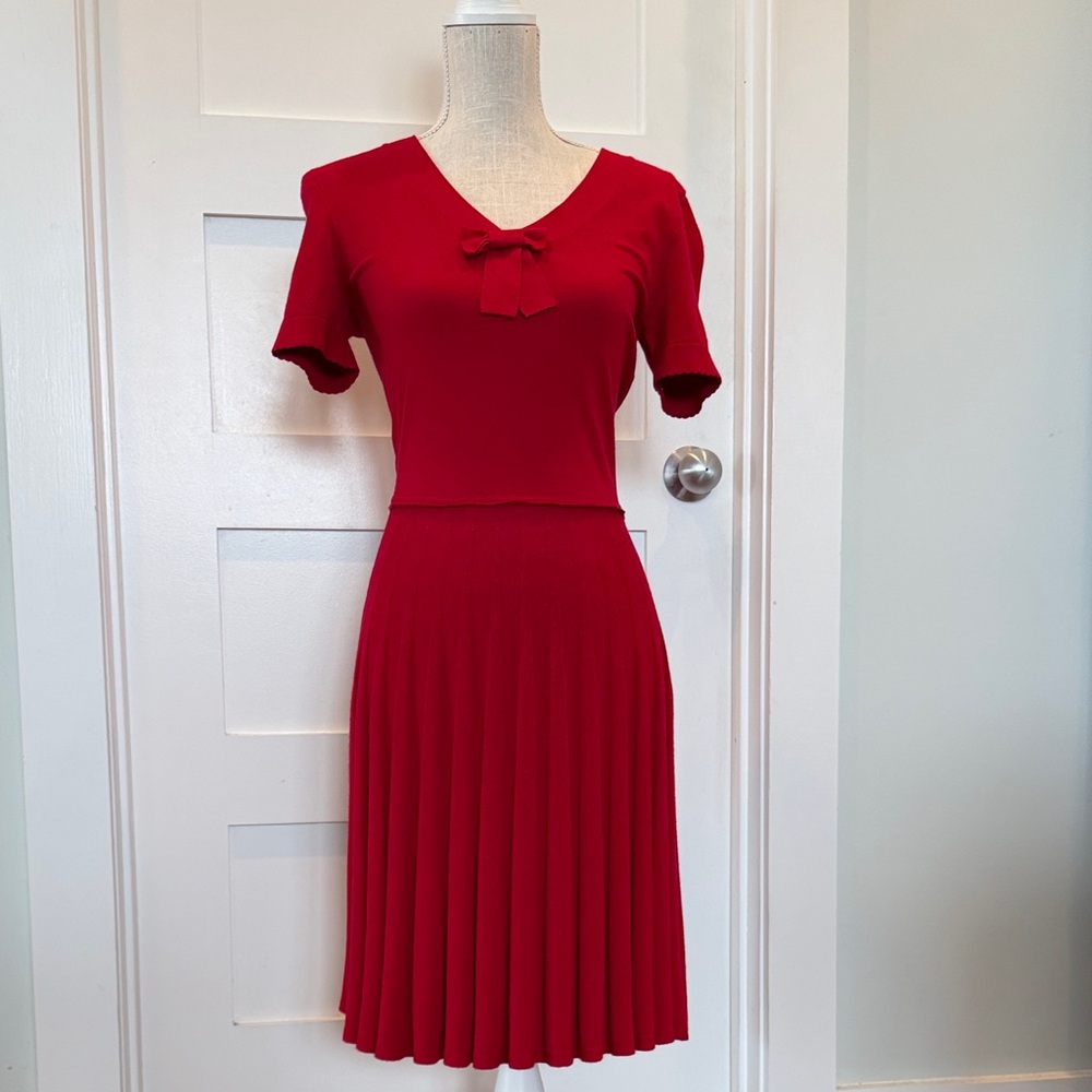 Draper James Red Bow-Accent Pleated Dress Fit and Flare Knit Dress XS